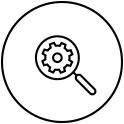 Icon of a magnifying glass examining a cogwheel enclosed in a circle